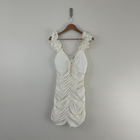 Zara White Linen Blend Ruched Ruffled Tie Front Mini Dress Size Small - Picture 1 of 6